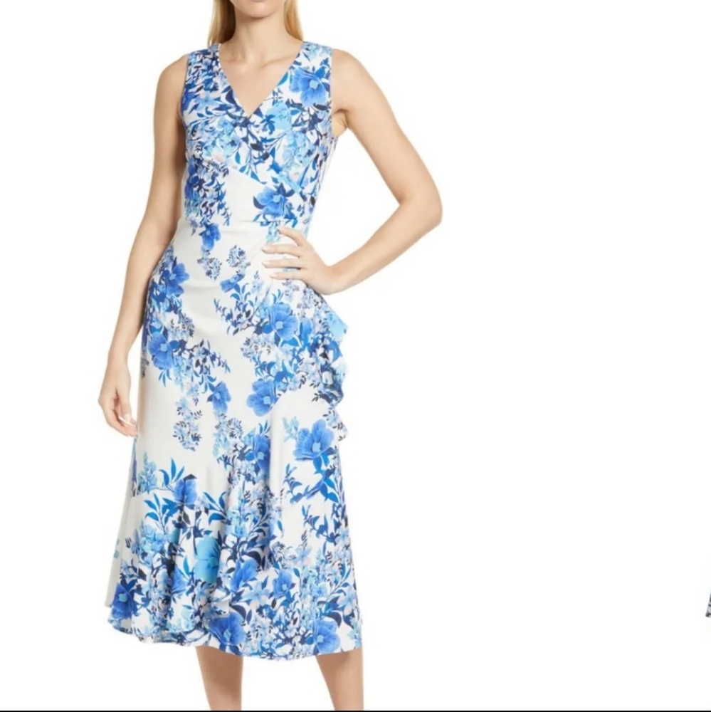 Eliza J Plus Size Floral Print Ruffle Sleeveless Midi Cocktail Dress